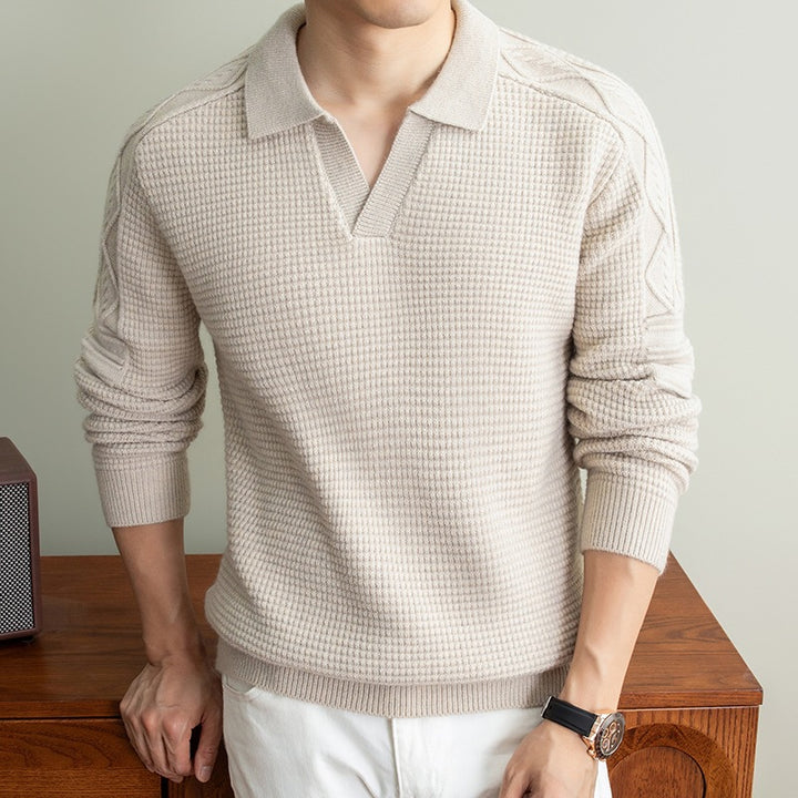 Men's polo sweater with textured waffle knit and cable pattern sleeves Mune Fashion