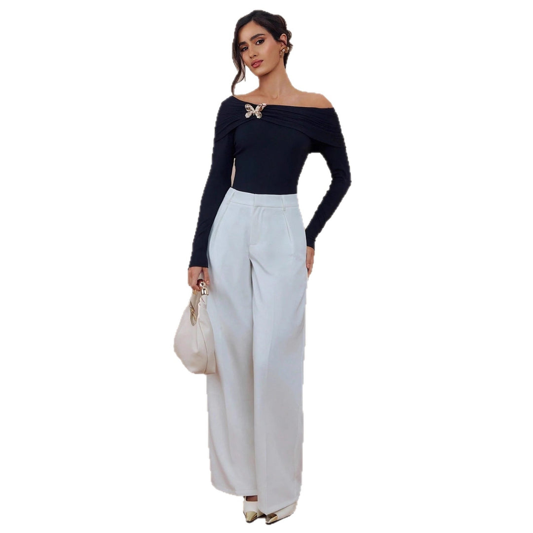 Women off-shoulder draped long-sleeve top with wide shawl collar and detachable decorative brooch Mune Fashion