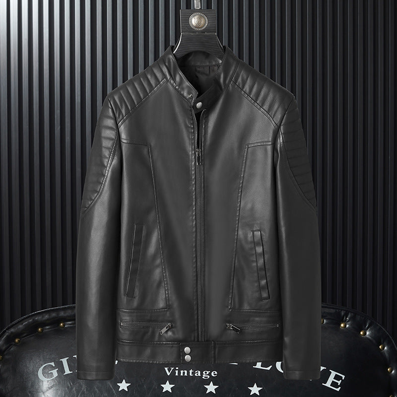 Men's Faux Leather Moto Jacket with Quilted Shoulder, Stand Collar and Zipper Mune Fashion