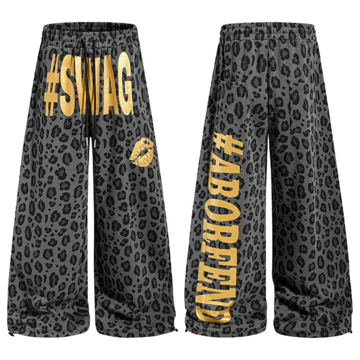 Women's Wide Palazzo Sweatpants in Leopard Print with High Comfort Waistband, Drawstring and Golden Statement Print Mune Fashion