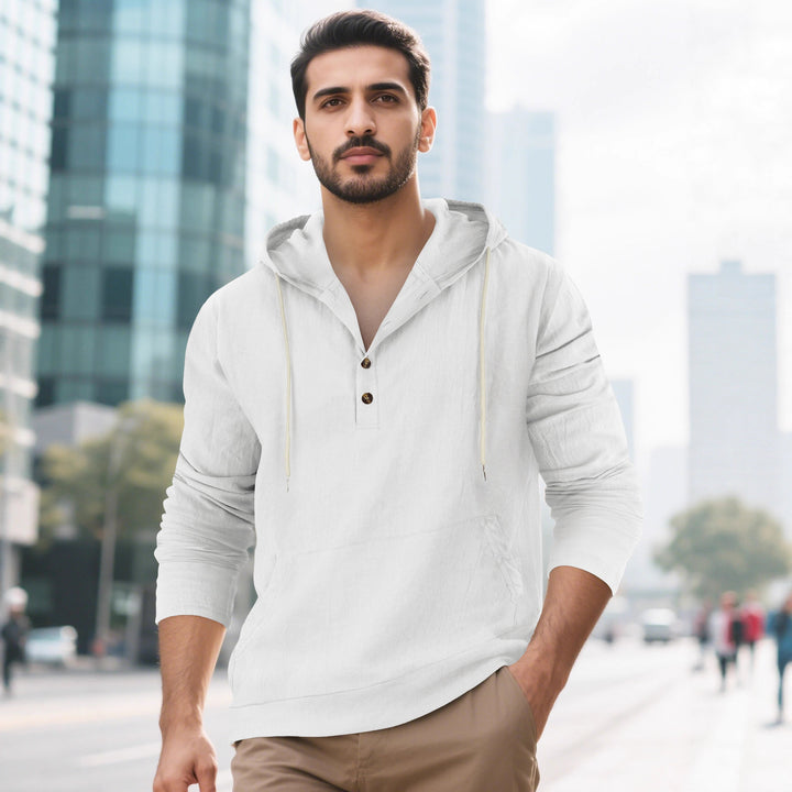 Men's Lightweight Hooded Henley Made of Cotton-Linen with Kangaroo Pocket Mune Fashion