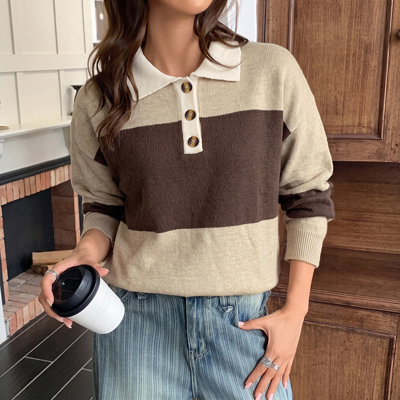 Women Striped Fine Knit Polo with Button Placket and Loose Fit Mune Fashion