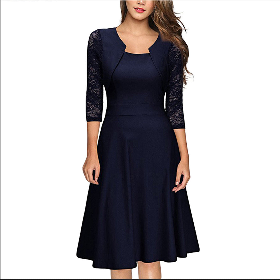 Women's Midi Dress with Lace Sleeves and Flared Skirt Mune Fashion