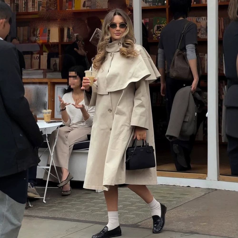 Ladies Oversize Trench Coat with Cape Detail and High Stand Collar Mune Fashion