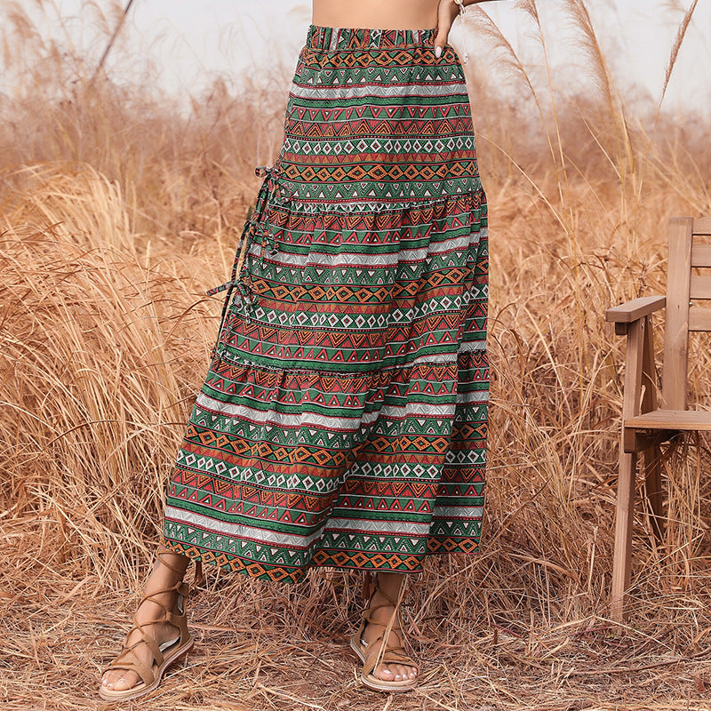 Women's Long Boho Maxi Skirt with Ethnic Print and Side Ties Mune Fashion