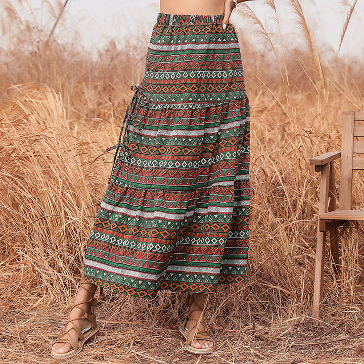 Women's Long Boho Maxi Skirt with Ethnic Print and Side Ties Mune Fashion