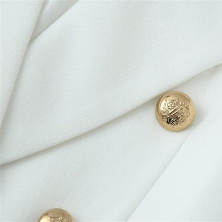 Women double-breasted longline blazer with lapel collar and decorative buttons Mune Fashion