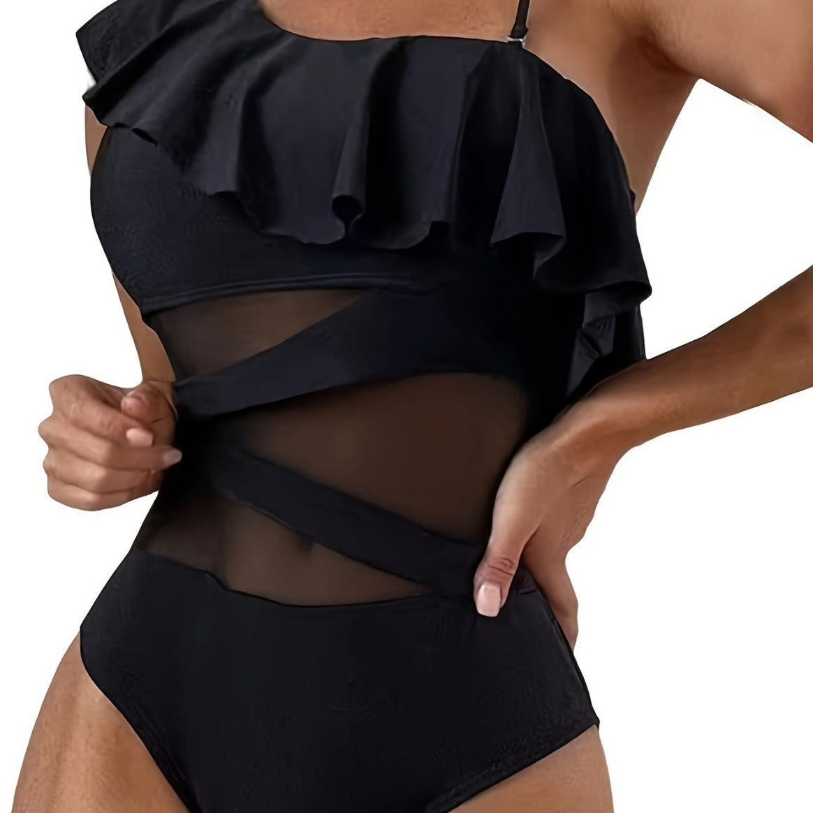 Women's one-piece swimsuit with asymmetric ruffle design and elegant cut-out details Mune Fashion