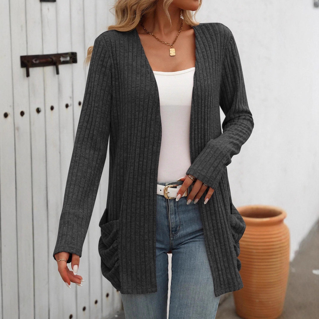 Women's ribbed long cardigan with raw edges, pockets, and relaxed fit Mune Fashion