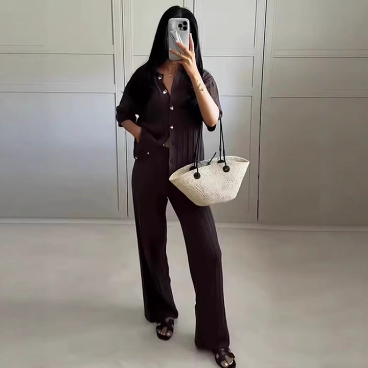 Women's wide knit pants with high elastic waistband, textured knit and palazzo cut Mune Fashion