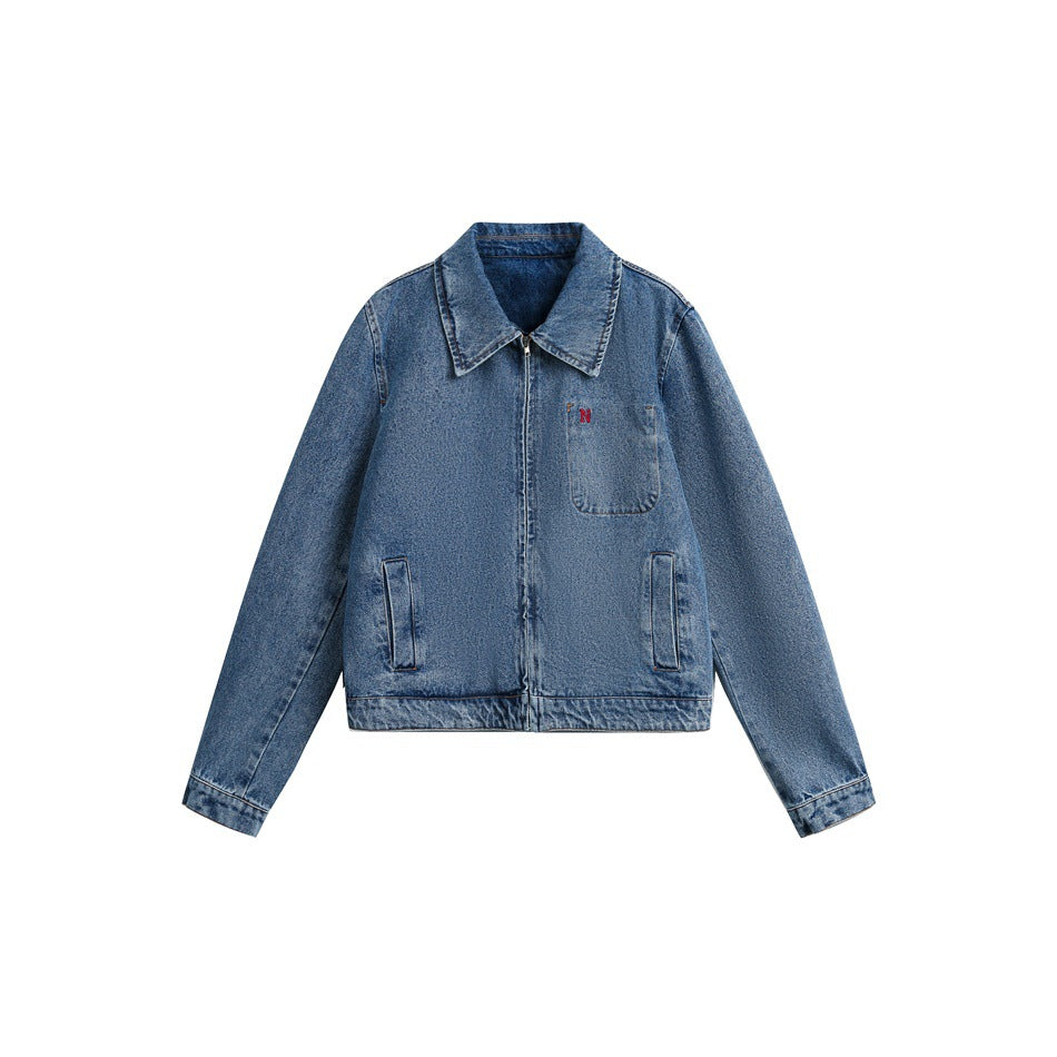 Women's Short Oversized Denim Jacket with Full Zipper and Chest Pocket Mune Fashion
