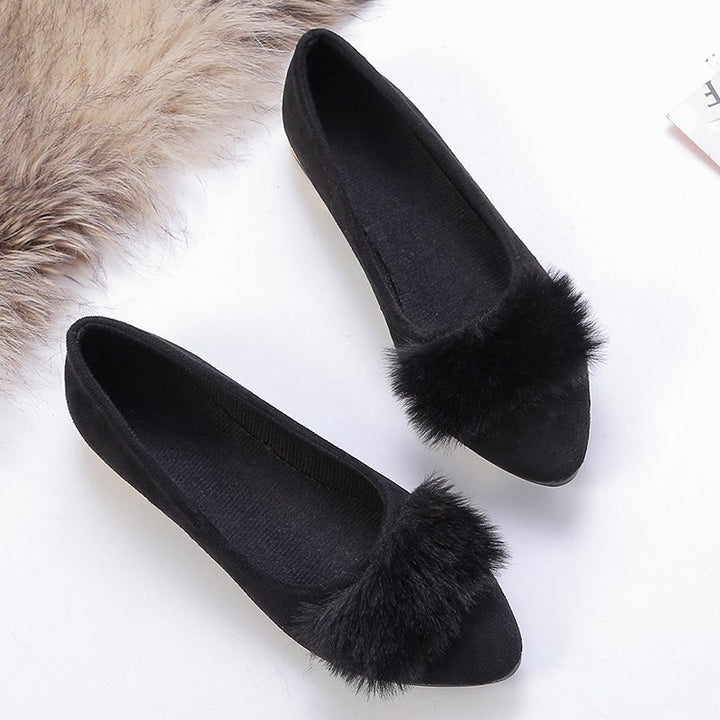 Women's pointed ballerina with faux velvet upper material, faux fur pompon, and metallic heel appliqué Mune Fashion