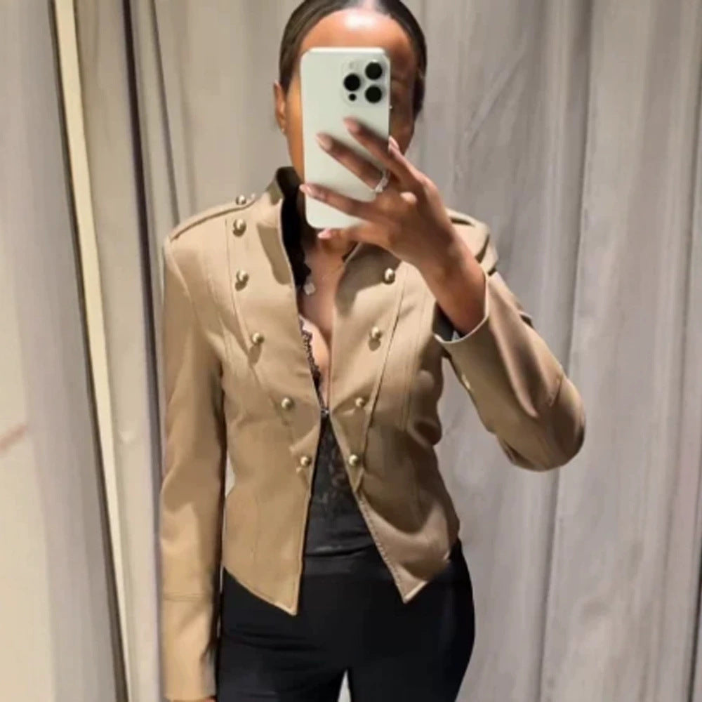 Ladies short blazer in military style with double-breasted decorative buttons Mune Fashion