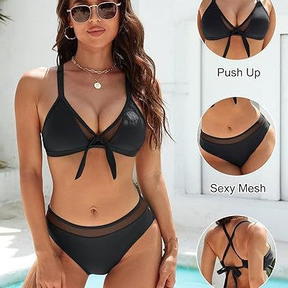 Women's Push-Up Bikini Top with Sexy Mesh and Cross Back Straps Mune Fashion