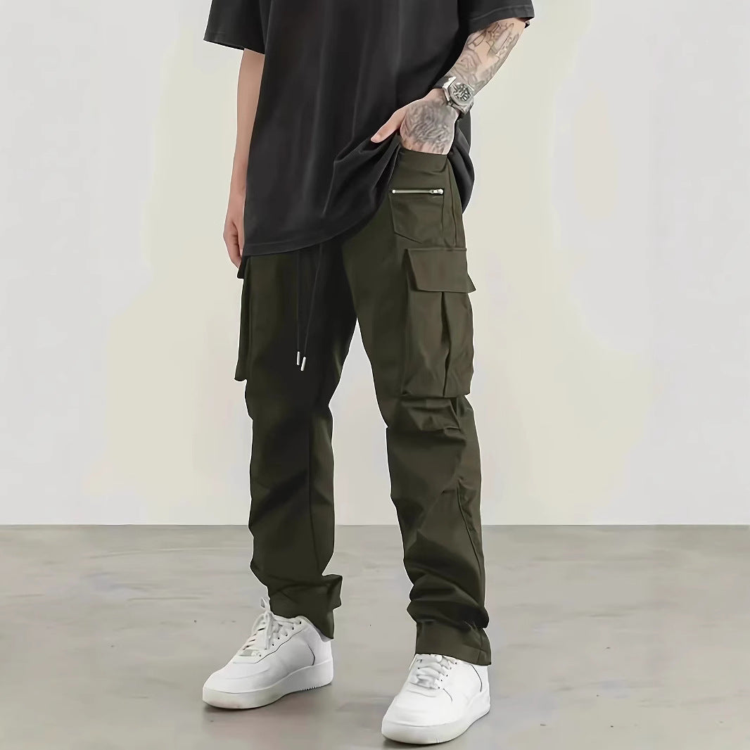 Men's wide utility cargo pants with drawstring waistband, multifunction pockets & zip pocket Mune Fashion