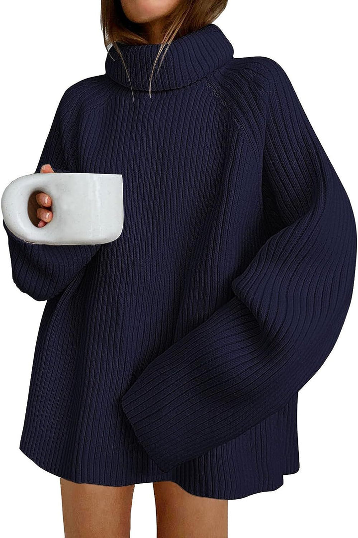 Women’s Oversize Pullover Dress made of Rib Knit with High Roll Neck and Voluminous Sleeves Mune Fashion