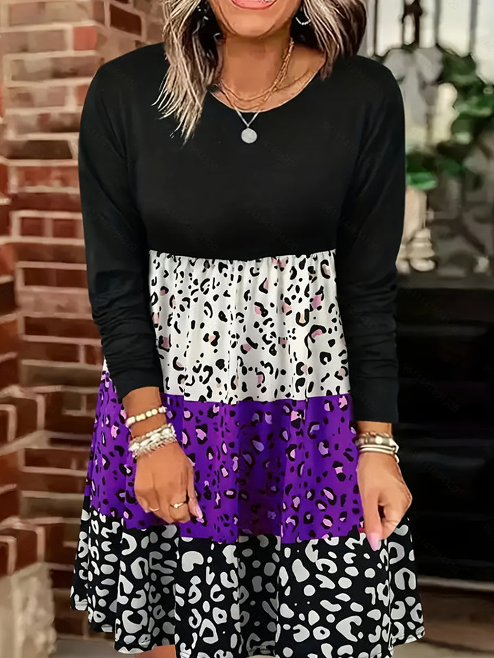 Ladies long-sleeve tiered dress with gathered empire waist and mixed animal print Mune Fashion