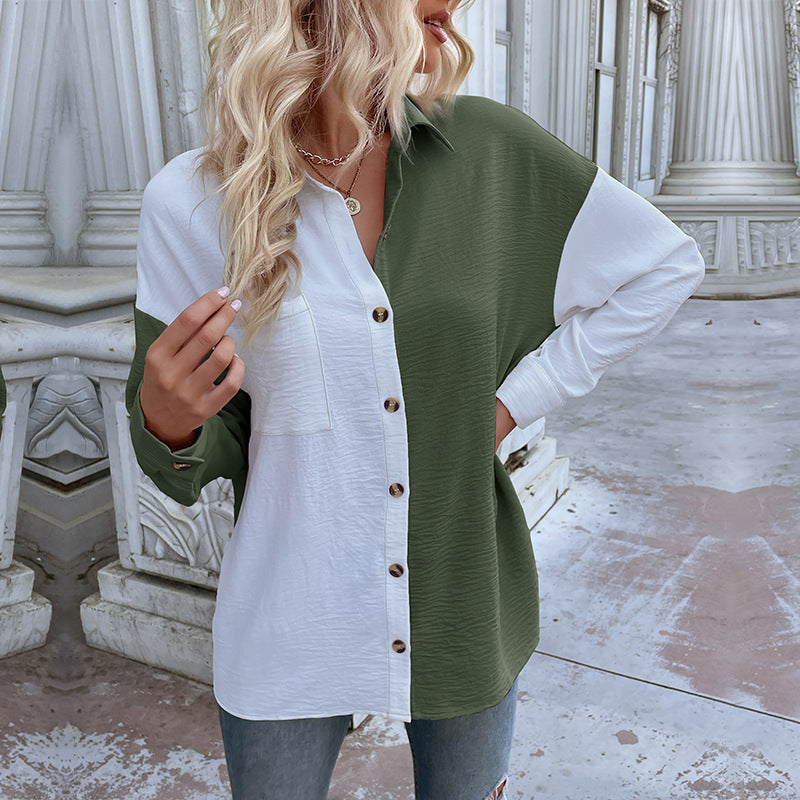 Women's oversized shirt blouse with color blocking, chest pocket, and textured viscose blend Mune Fashion