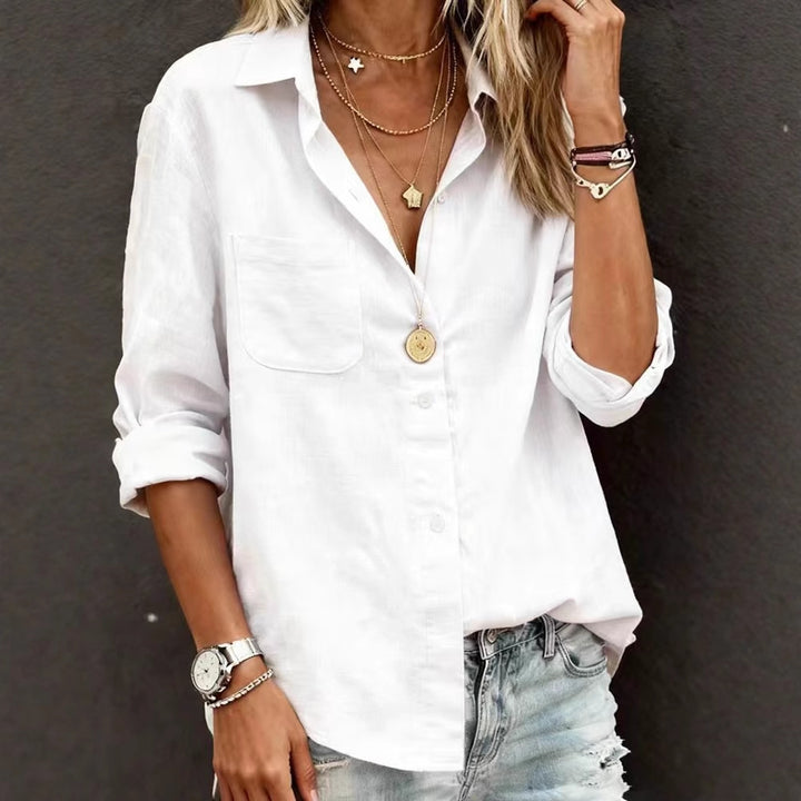 Ladies linen blouse with casual cut and practical breast pocket Mune Fashion