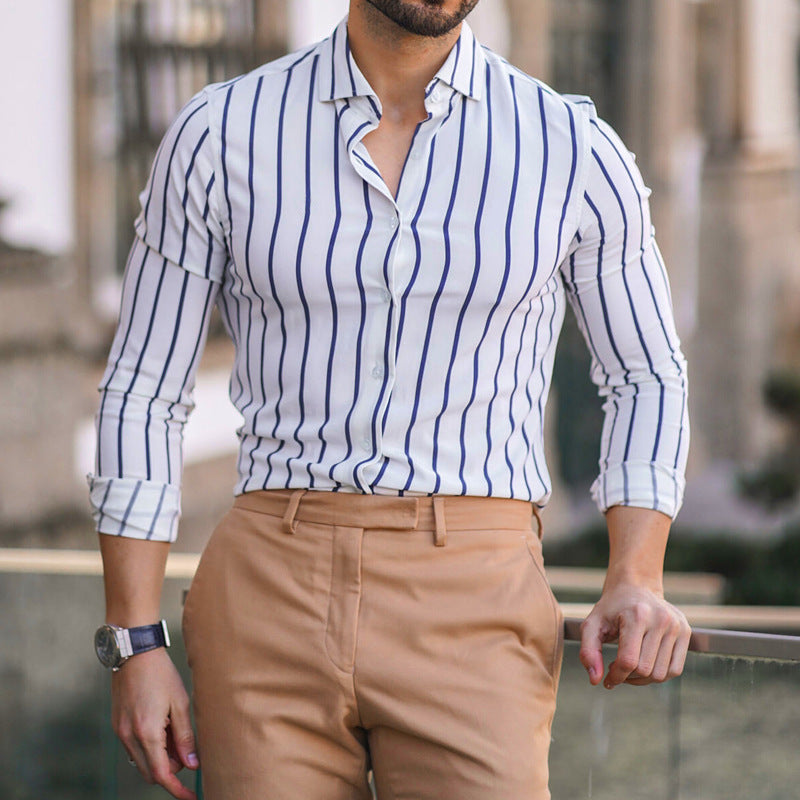 Men's Tailored Long Sleeve Shirt with Vertical Stripes and Light Stretch Mune Fashion