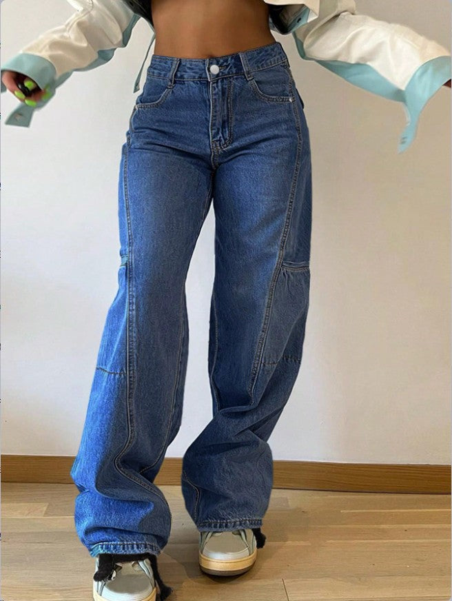 Women's High-Waist Wide Cargo Denim Pants with Seam Panels and Baggy Silhouette Mune Fashion