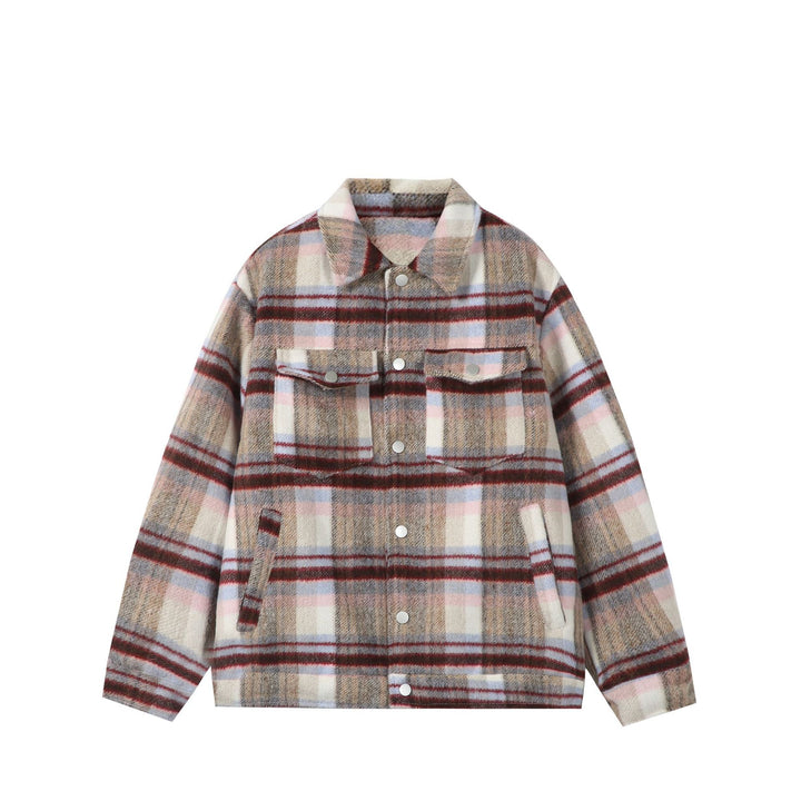 Women's short-cut checked overshirt jacket made of wool mix with snap button front and flap pockets.