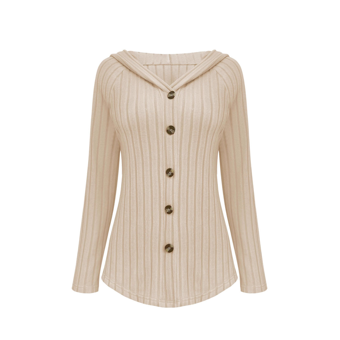 Women's Ribbed Hoodie Cardigan Blouse with Wooden Button Placket and Gathered Sleeves Mune Fashion