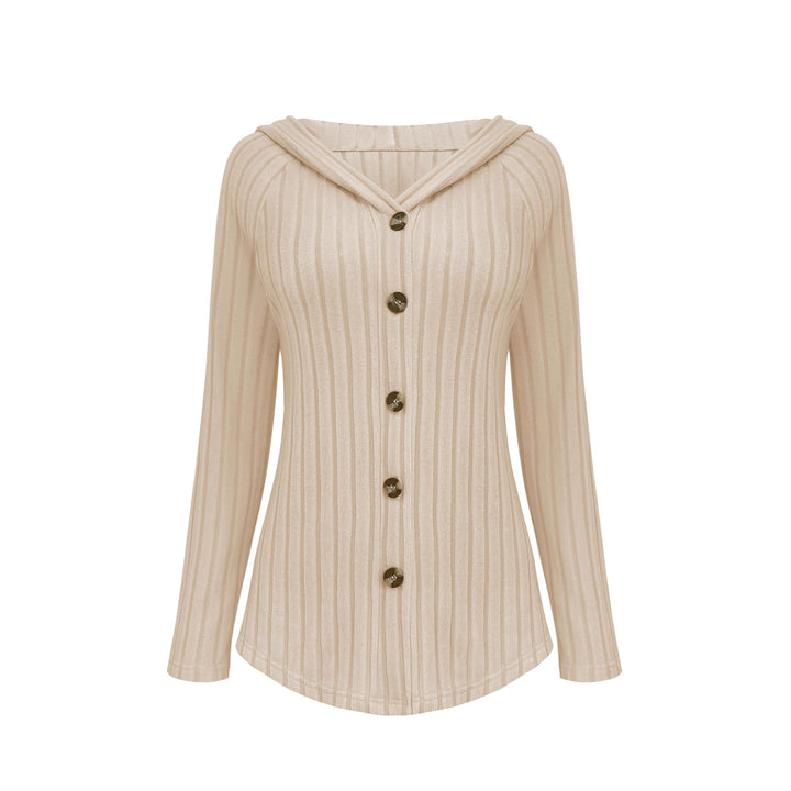 Women's Ribbed Hoodie Cardigan Blouse with Wooden Button Placket and Gathered Sleeves Mune Fashion