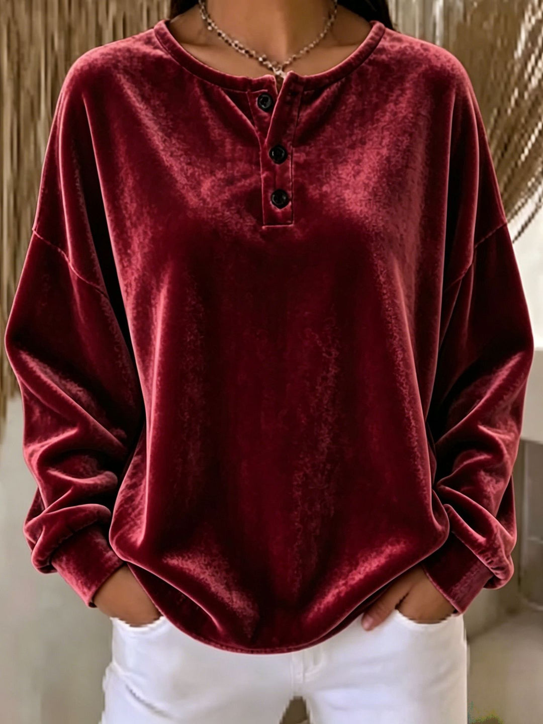 Women Casual Oversized Velvet Henley Shirt with Button Placket Mune Fashion