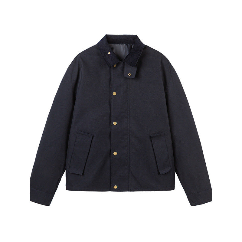 Men's Short Boxy Work Jacket made of sturdy canvas with cord collar and concealed snap button placket Mune Fashion