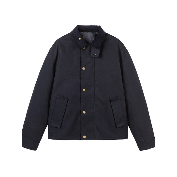 Men's Short Boxy Work Jacket made of sturdy canvas with cord collar and concealed snap button placket Mune Fashion