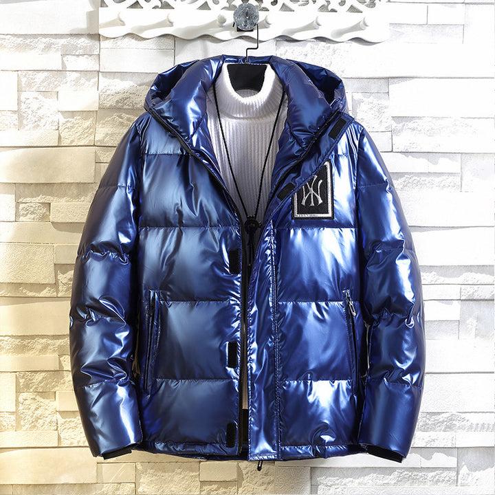 Men's Quilted Metallic Padded Jacket with Hood and Windproof Front Mune Fashion