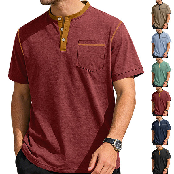 Men's short-sleeve band collar shirt with button placket, chest pocket, and flatlock seams Mune Fashion