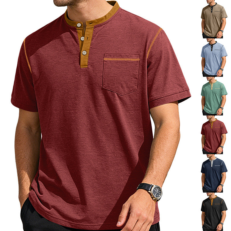 Men's short-sleeve band collar shirt with button placket, chest pocket, and flatlock seams Mune Fashion