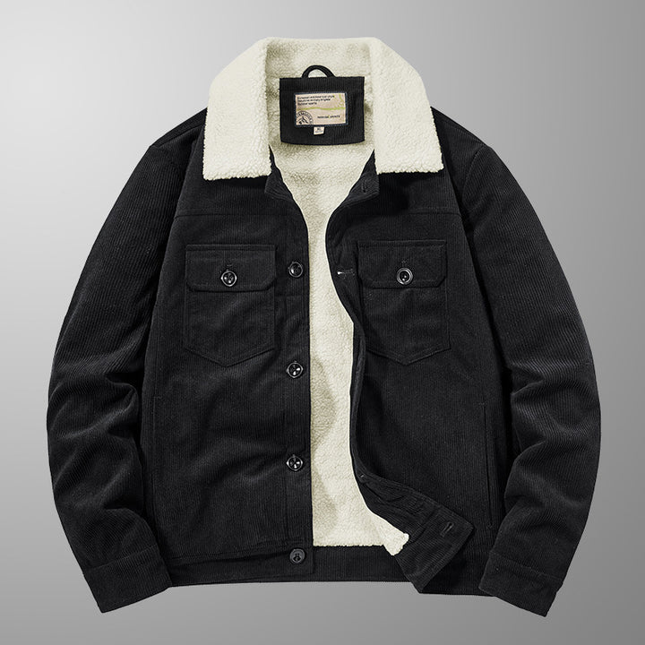 Men's Corduroy Work Jacket with Sherpa Lining, Notched Collar and Snap Button Placket Mune Fashion