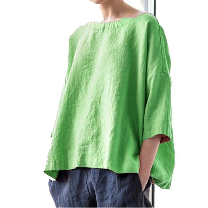 Women's oversized linen blouse with wide boxy cut, boat neckline and 3/4 sleeves Mune Fashion