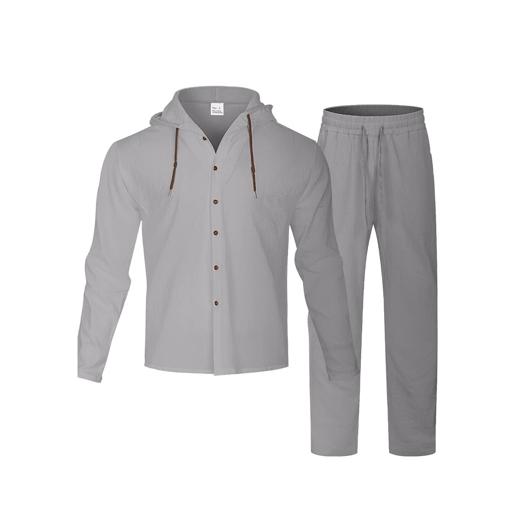 Men's casual hoodie shirt with continuous button placket, decorative drawstring, and relaxed fit Mune Fashion
