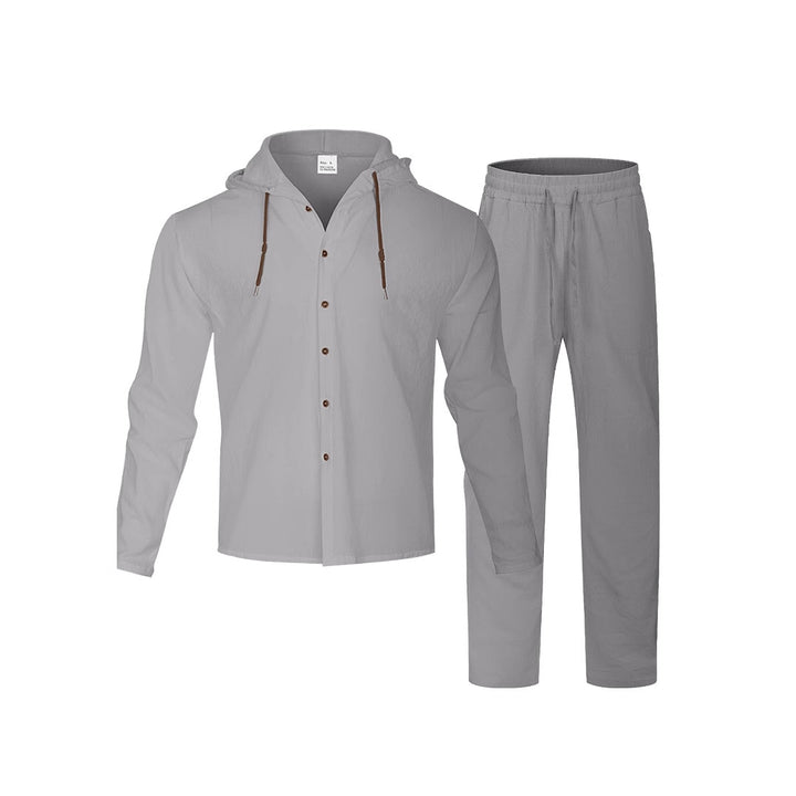 Men's casual hoodie shirt with continuous button placket, decorative drawstring, and relaxed fit Mune Fashion