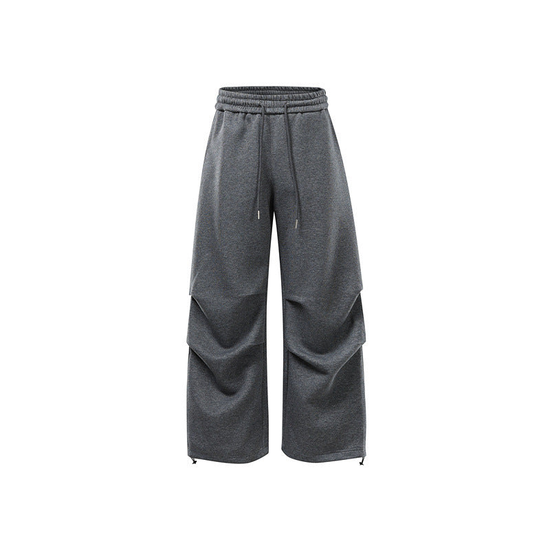 Unisex Wide Sweat Cargopants with Layered Yoke, Elastic Drawstring Waistband and Adjustable Hem Down