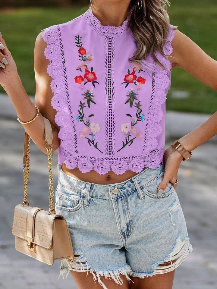 Women Embroidered Lace Cropped Top with Stand-Up Collar and Crochet Edges Mune Fashion