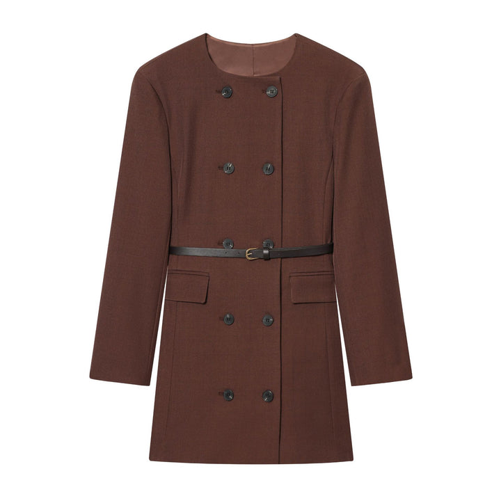 Women's fitted double-breasted coat with round neckline and narrow leather tie belt Mune Fashion