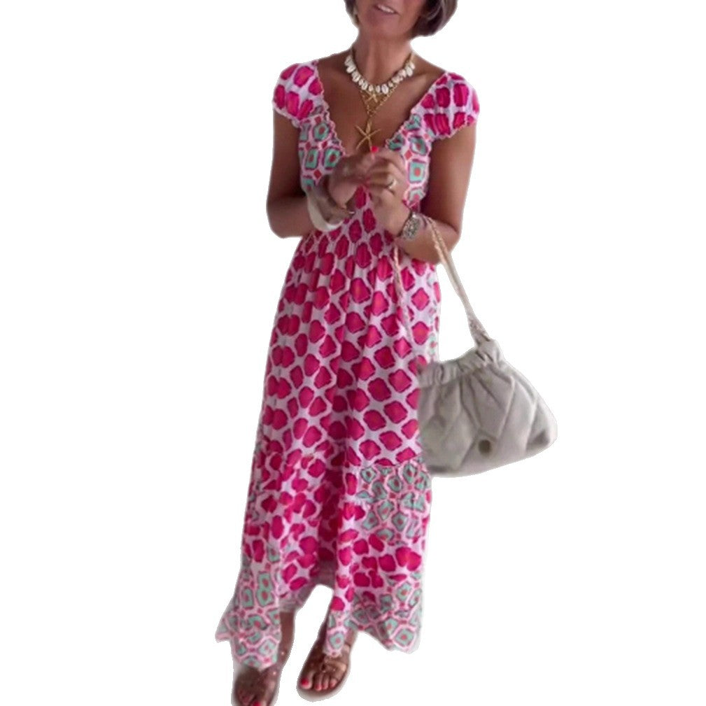 Women’s summer tiered dress with smocked top, V-neckline and puff sleeves Mune Fashion
