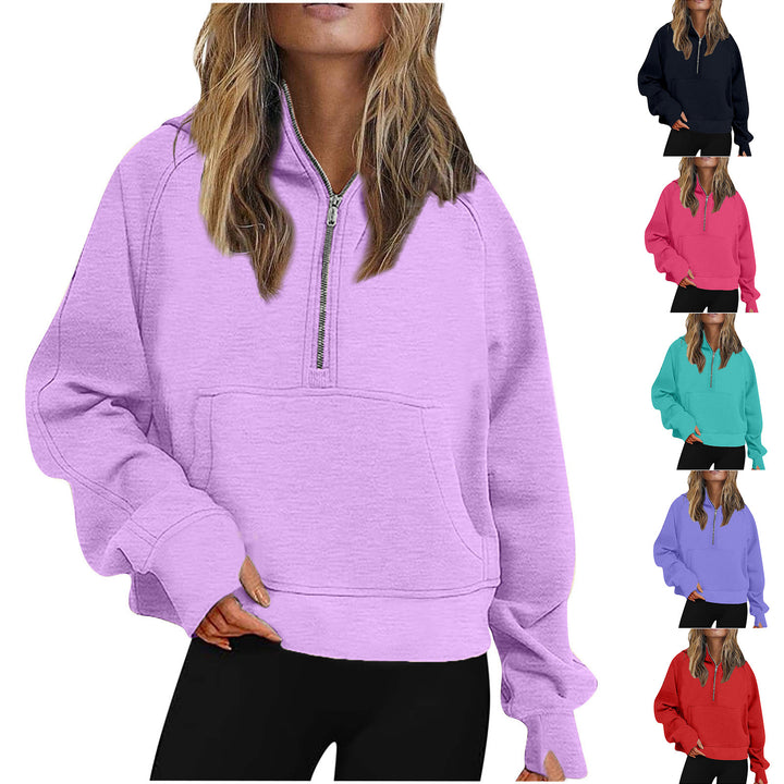 Women Oversize Half-Zip Hoodie with Kangaroo Pocket & Thumb Hole Mune Fashion