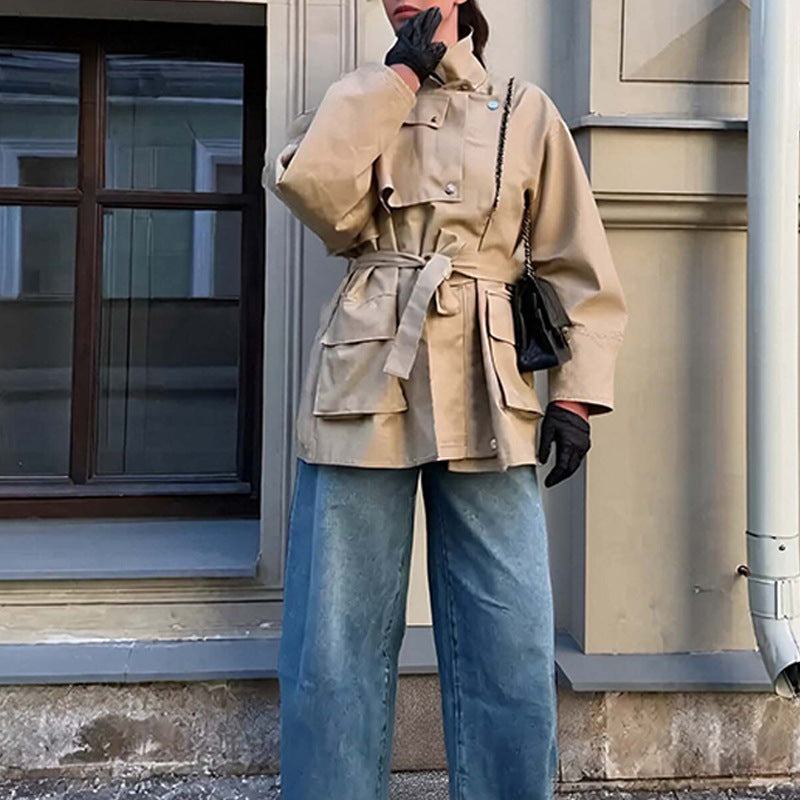 Women's Tailored Transition Jacket with Stand Collar, Shoulder Cape and Belt Mune Fashion