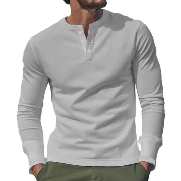 Men's long-sleeve Henley longsleeve with standing collar, 3-button placket, and elastic cotton stretch Mune Fashion