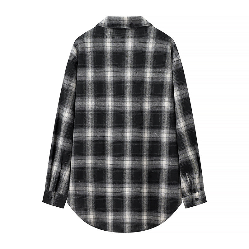 Women's Oversized Check Shirt Blouse with Patch Breast Pockets and Rounded Hem Mune Fashion