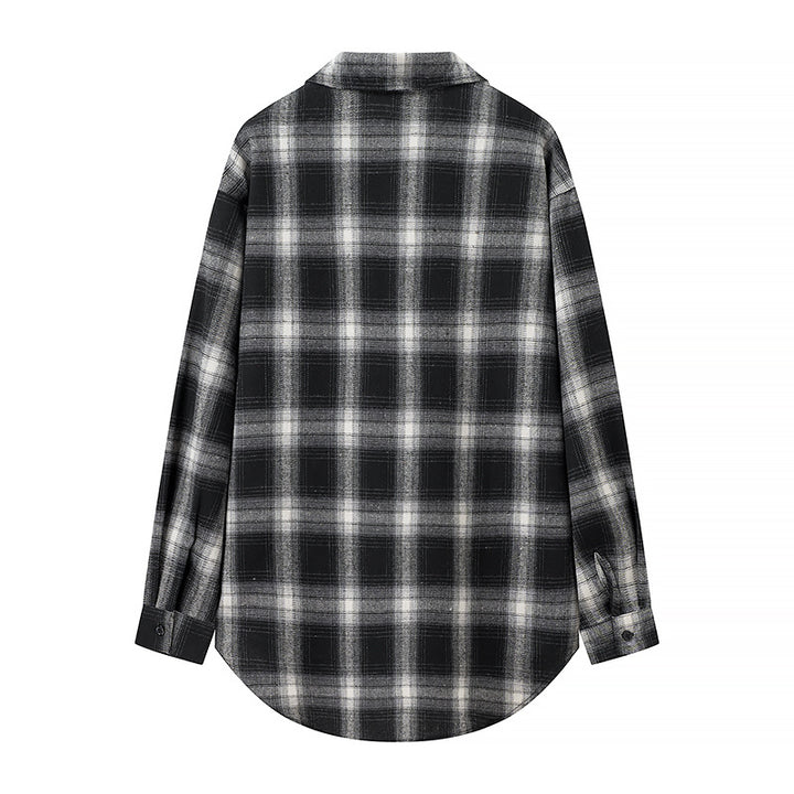 Women's Oversized Check Shirt Blouse with Patch Breast Pockets and Rounded Hem Mune Fashion