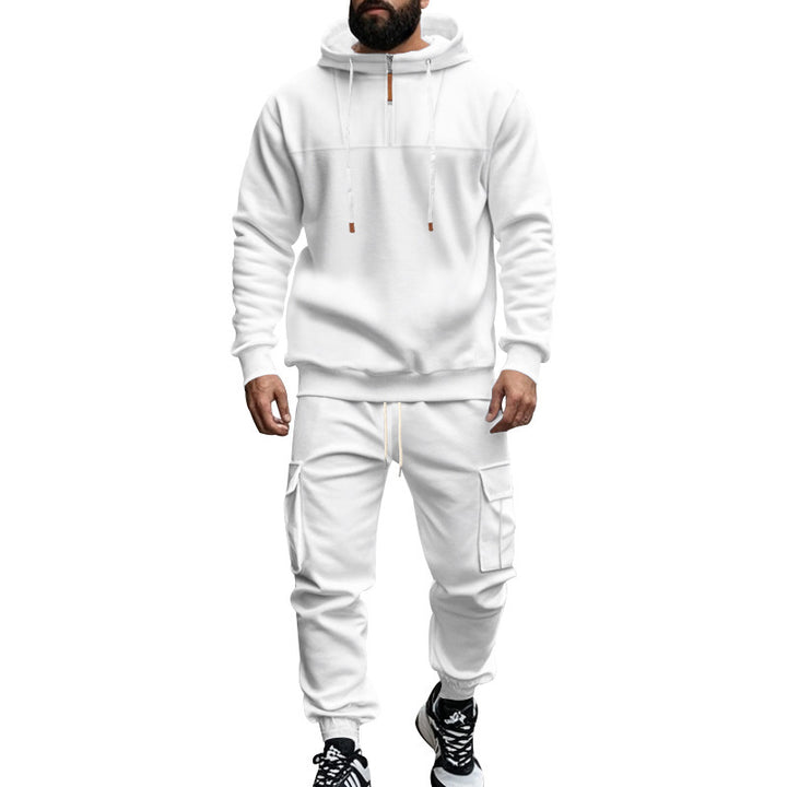 Men's cargo-style hooded sweatshirt and jogger set with short chest zipper and flap pockets Mune Fashion