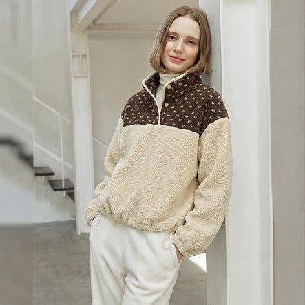 Women's teddy fleece pullover with stand-up collar, press button placket, and drawstring Mune Fashion