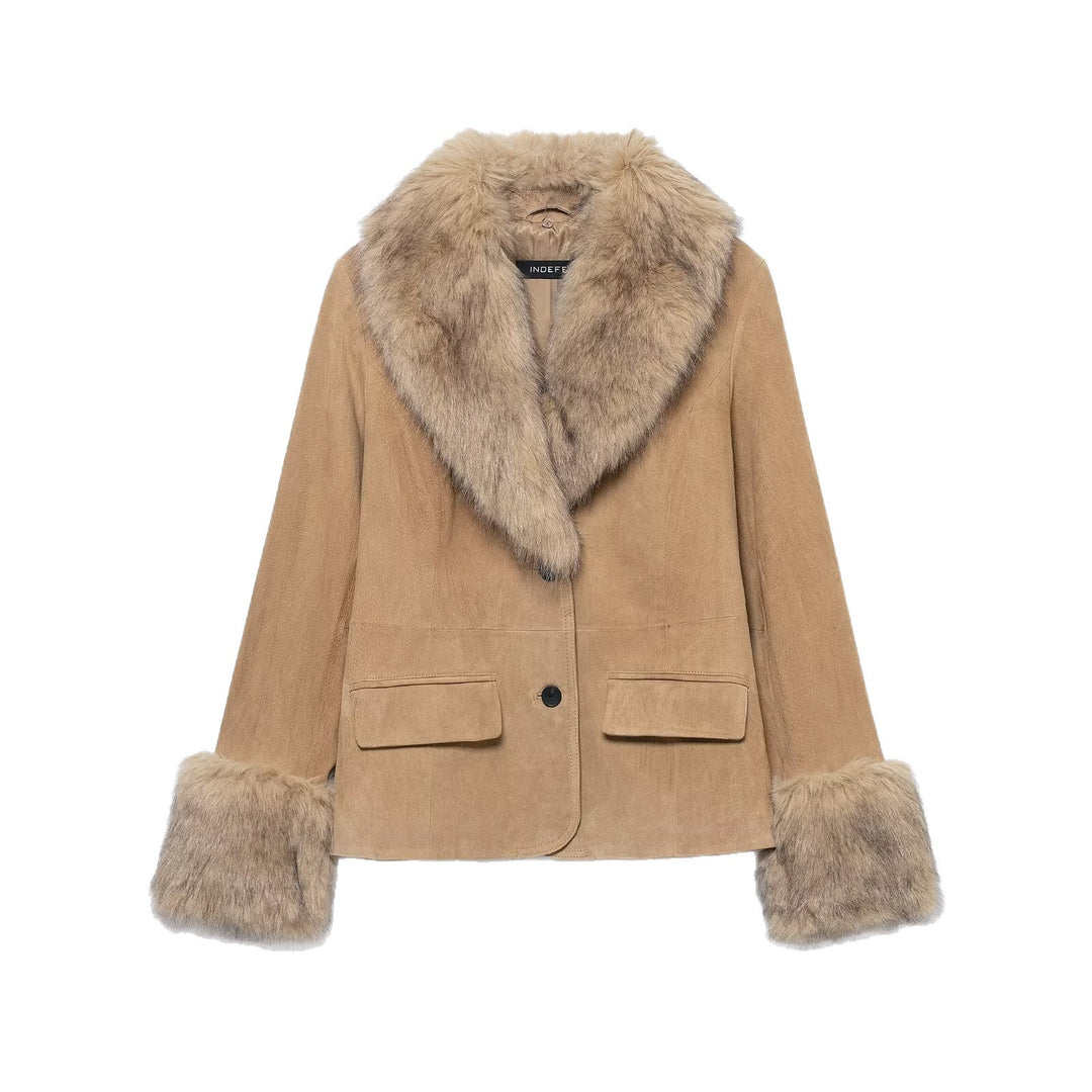 Women's short suede jacket with voluminous fur collar and wide fur cuffs Mune Fashion